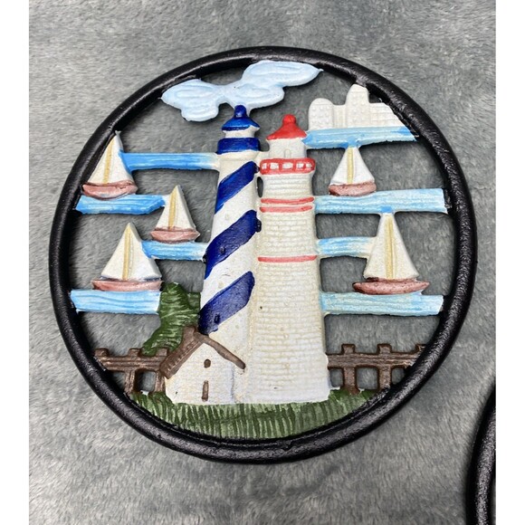 Vintage Lighthouse Sailboat Cast Iron Round Trivet Pot Holder Set - Picture 3 of 13